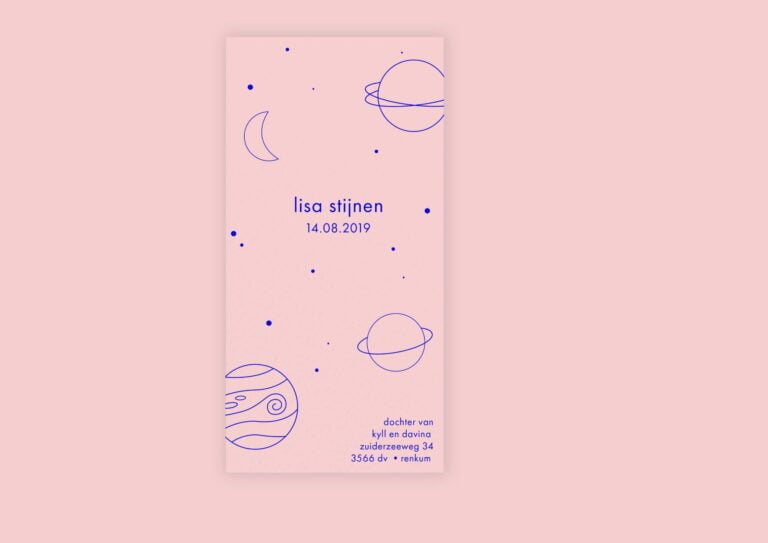Strak letterpress geboortekaartje model ruimte blauw roze