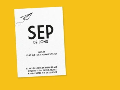 Strak geboortekaartje zwart wit met vliegtuigje