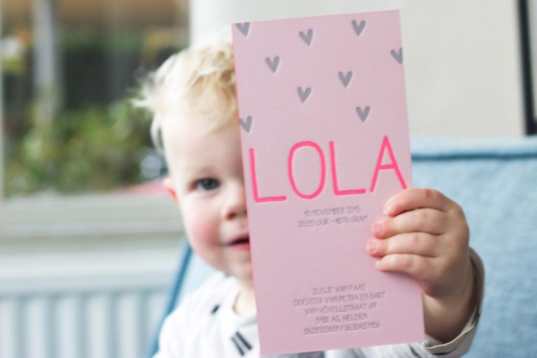 Letterpress geboortekaartje zilver en roze