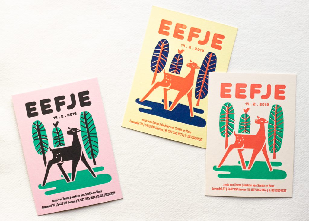 retro letterpress geboortekaartje hert