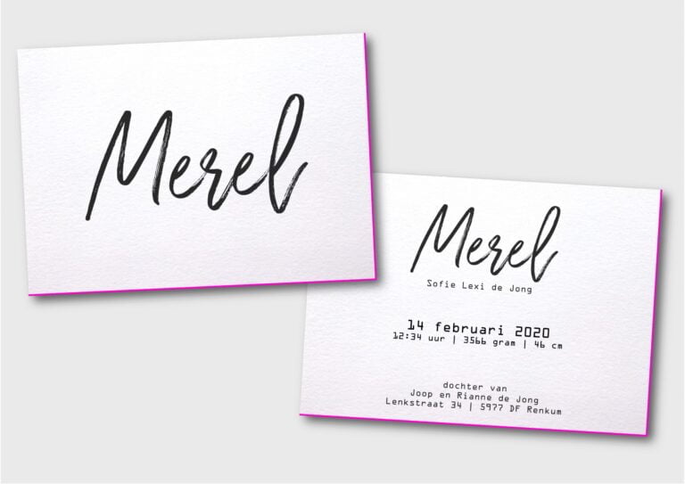 Letterpress geboortekaartje model Merel met kleur op snede